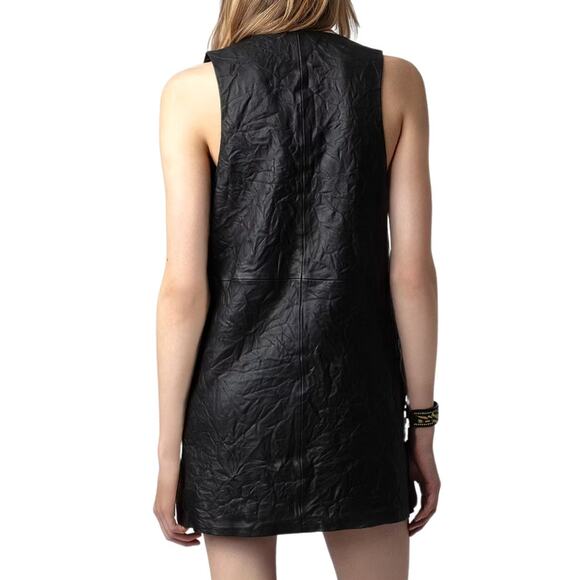 Zadig & Voltaire Rasha Crinkled Leather Sleeveless Mini Dress Black L NWT $698 - Picture 2 of 8